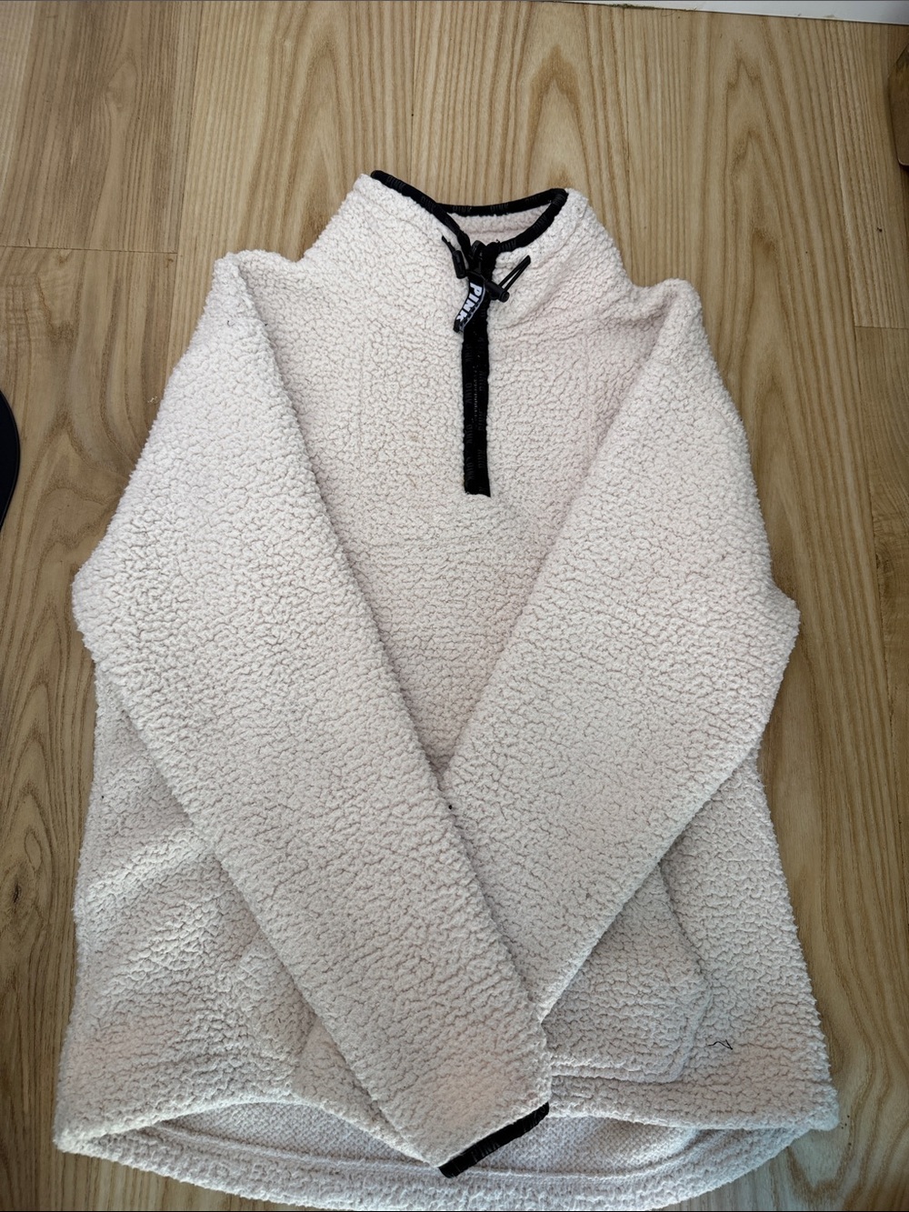 Ivory Sherpa Quarter-Zip Pullover with Black Trim by pink Size xs